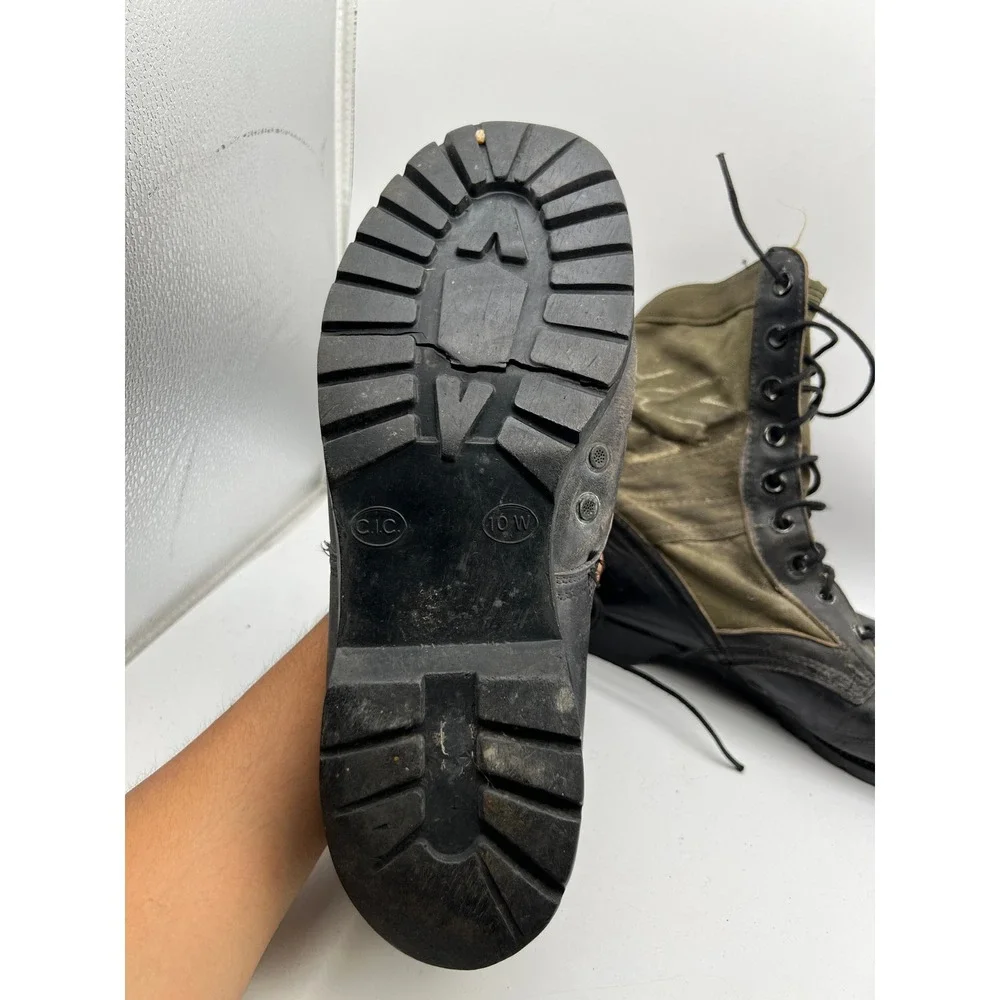 Vintage 90s Military Jungle Boots Black Leather Olive Canvas Panama Sole Size 10